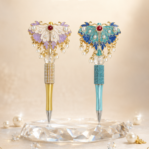 butterfly wand pen with enamel butterfly topper, ruby cabochon and pearl tassels