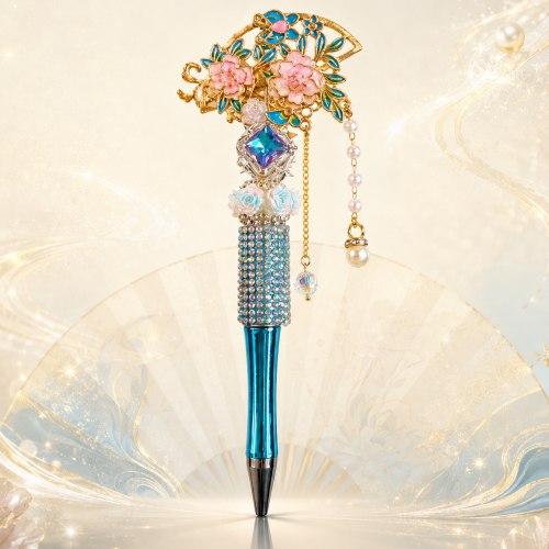 Buyao Peony Pen – Gold Filigree Flower Topper with Iridescent Gem & Pearl Tassel