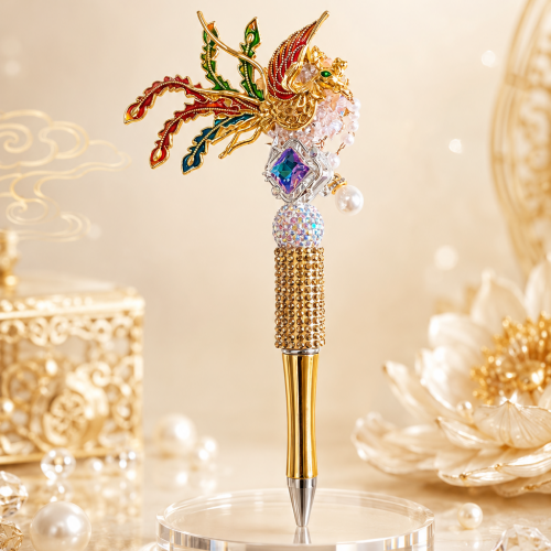 Phoenix Crystal Ballpoint Pen – Gold Filigree Phoenix with Iridescent Gem & AB Crystal Sphere
