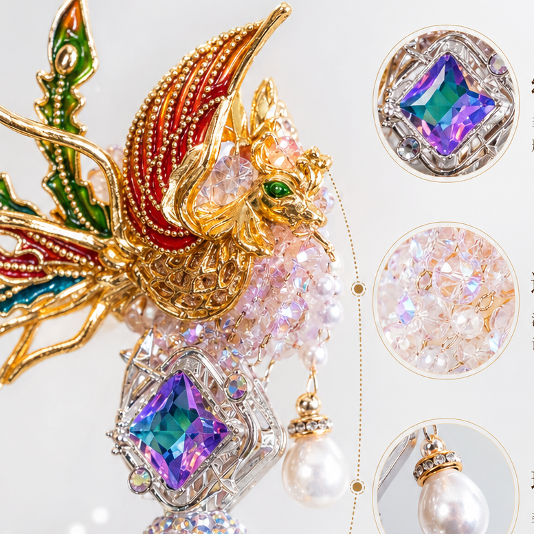 Phoenix Crystal Ballpoint Pen – Gold Filigree Phoenix with Iridescent Gem & AB Crystal Sphere