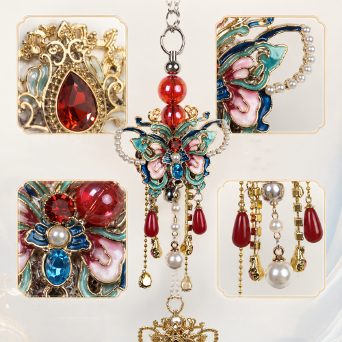 Enamel Butterfly Double-sided Pendant with Pearl Tassels