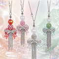 Iridescent Crystal Bow Rhinestone Tassel Pendant with Long Chain