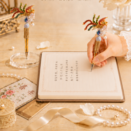Phoenix Crystal Ballpoint Pen – Gold Filigree Phoenix with Iridescent Gem & AB Crystal Sphere
