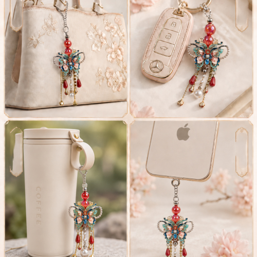 Enamel Butterfly Double-sided Pendant with Pearl Tassels