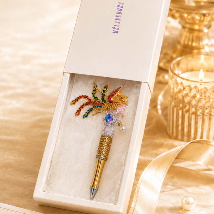 Phoenix Crystal Ballpoint Pen – Gold Filigree Phoenix with Iridescent Gem & AB Crystal Sphere