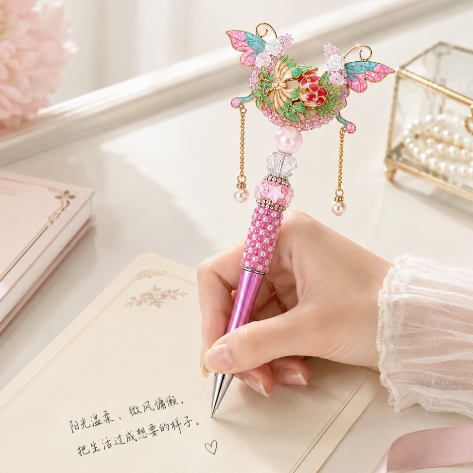 Butterfly Fairy Princess Handmade Pen – Crystal Rose Pearl Ballpoint Pen