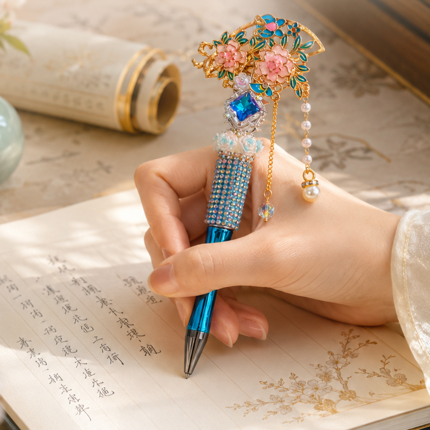 Buyao Peony Pen – Gold Filigree Flower Topper with Iridescent Gem & Pearl Tassel