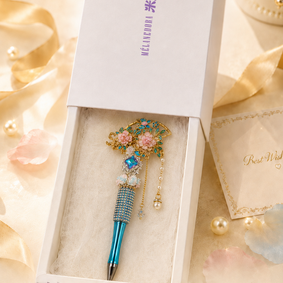 Buyao Peony Pen – Gold Filigree Flower Topper with Iridescent Gem & Pearl Tassel