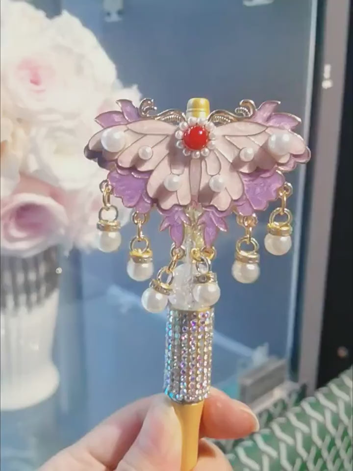 Butterfly Wand Pen product video - enamel butterfly topper with ruby cabochon and pearl tassels