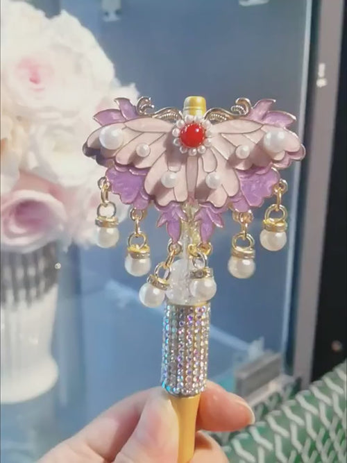 Butterfly Wand Pen product video - enamel butterfly topper with ruby cabochon and pearl tassels